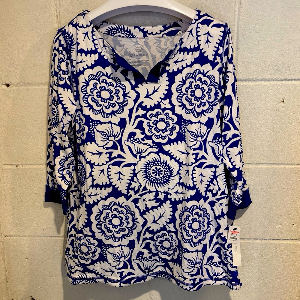 T by Talbots royal blue floral 3/4 sleeve blouse